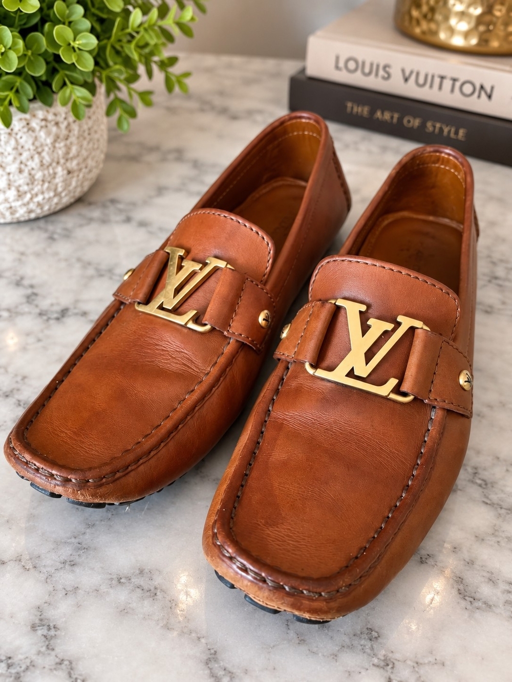 Louis Vuitton Mens Monte Carlo Line Tan Leather LV Logo Slip-On Loafers